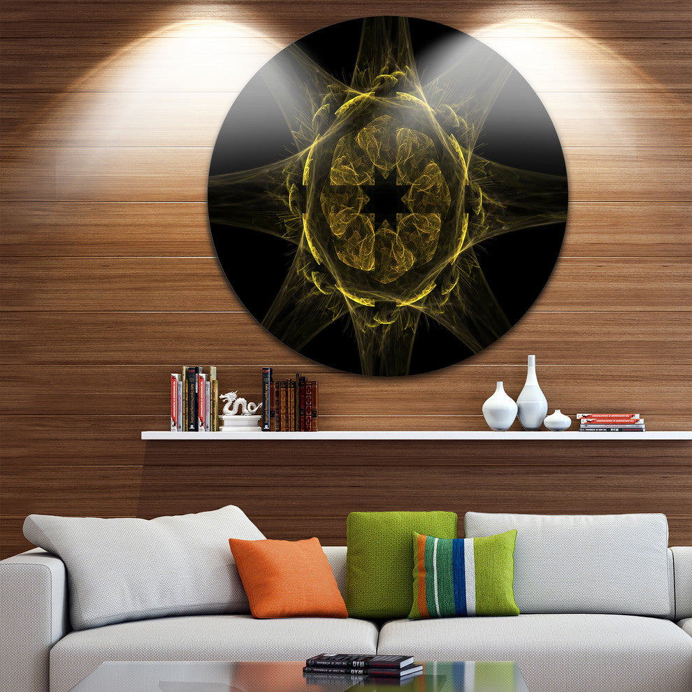 Glowing Golden Radial Fractal Flower Art, Floral Round Artwork, 36"