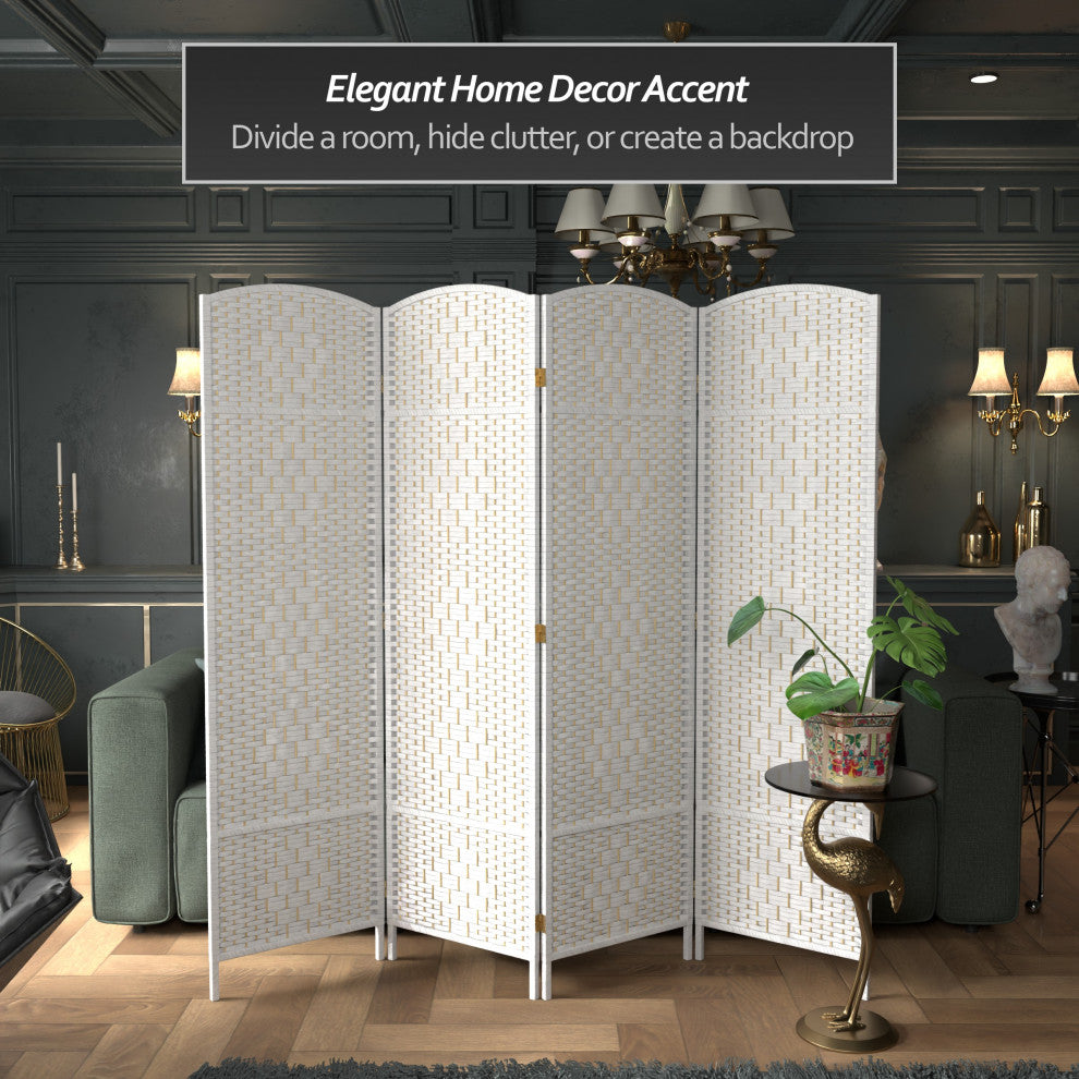 6' Tall Diamond Weave Fiber Room Divider, White, 4 Panel