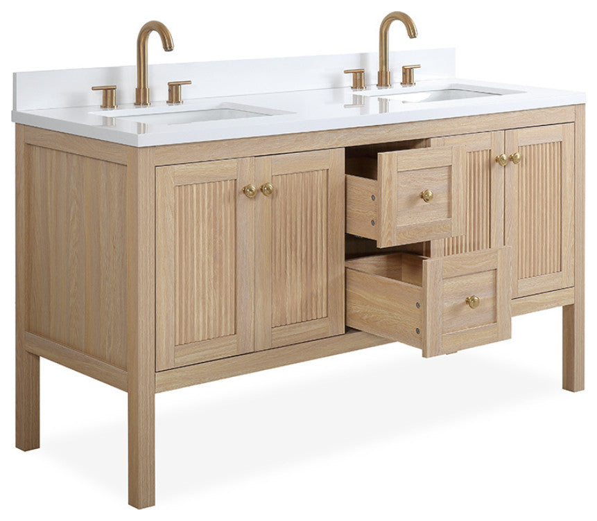 Modern Light Oak Sera Bathroom Vanity With White Quartz Top, 60" Double Sink