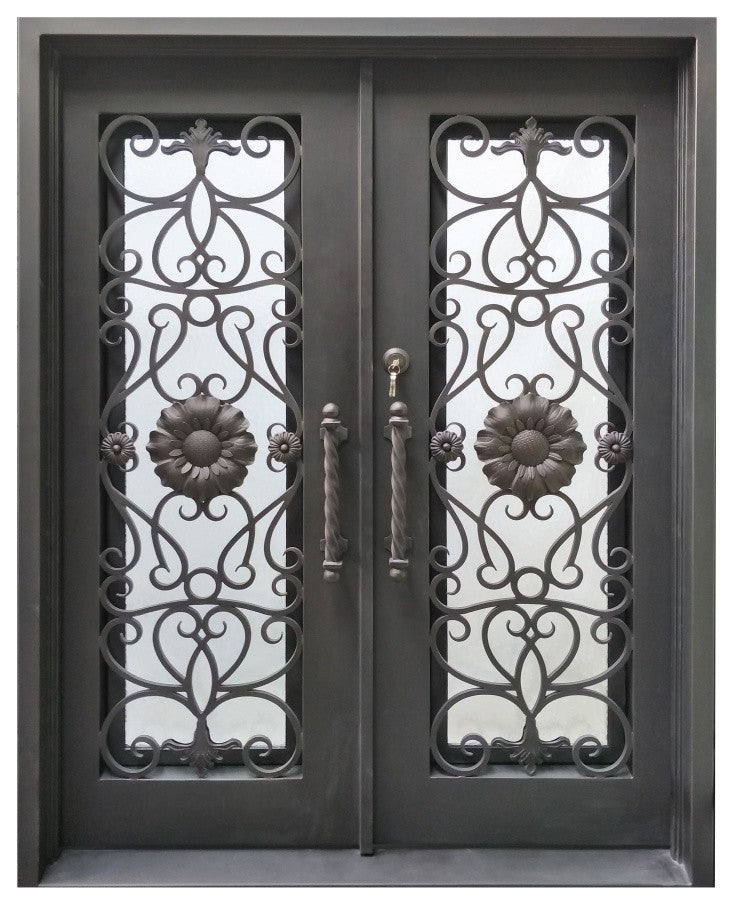 Square Top Sunflower Dual Door With Frame and Threshold 62"x81", Aged Bronze