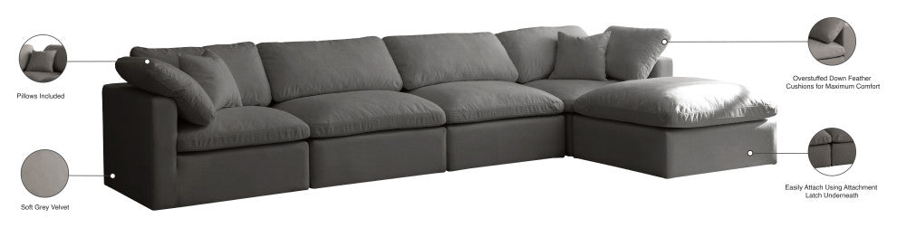 Plush Velvet / Down Standard Comfort L-Shaped Modular Sectional, Gray, 5-Piece: 2 Armless Chair, 2 Corner Chair, 1 Ottoman