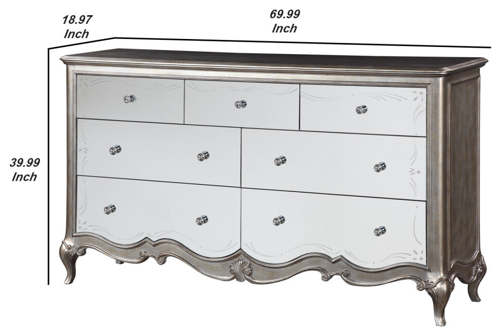 Benzara BM251274 Dresser With Mirror Front and Molded Trim, Antique Silver