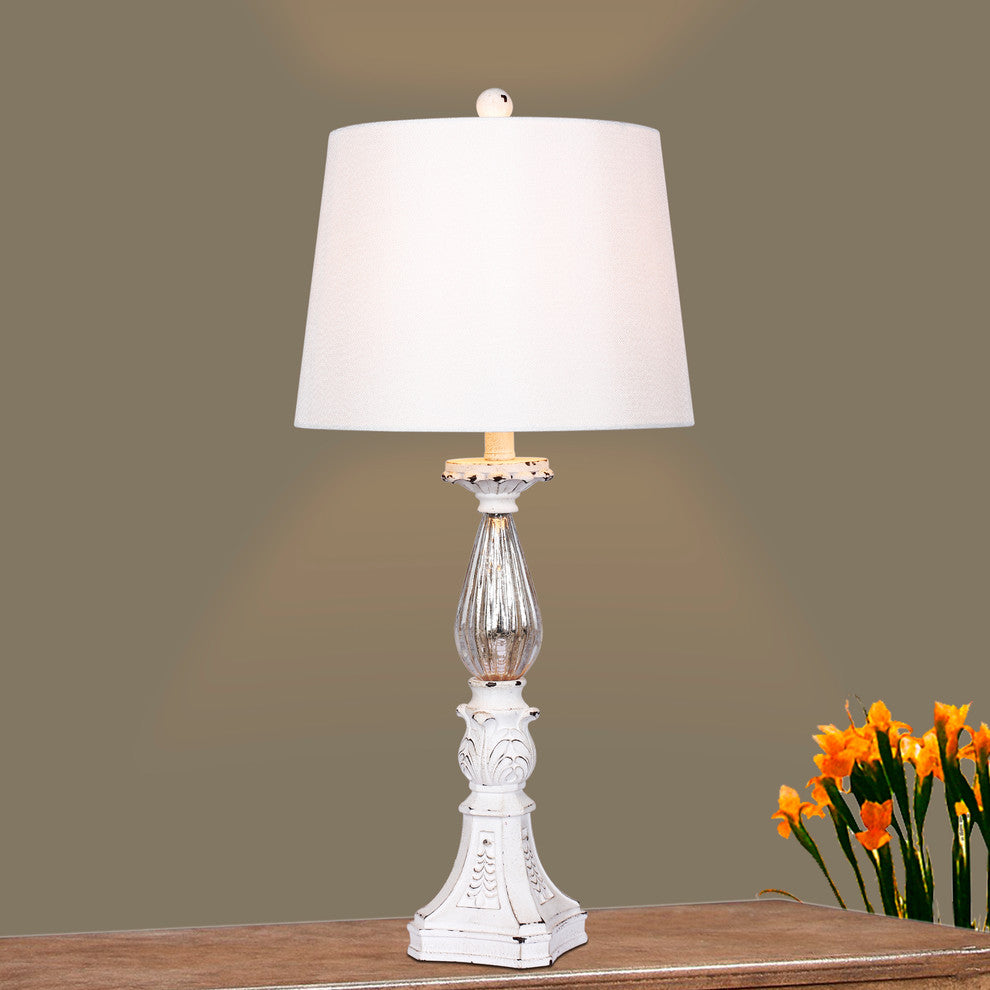 Antique White Resin & Mercury, Glass Table Lamp, 30"