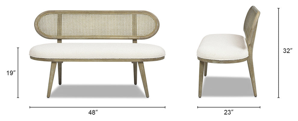 Havana 48" Boucle Upholstered Cane Rattan Bench, Ivory White
