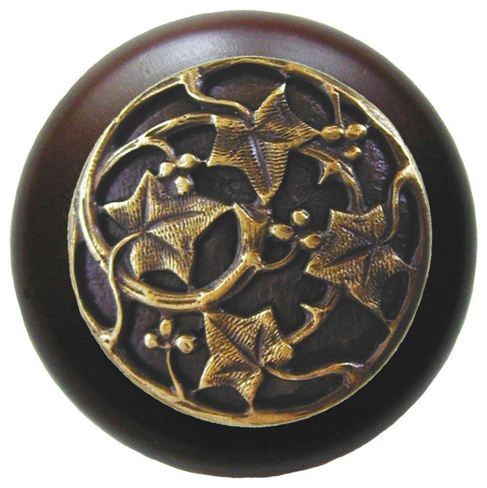 Ivy With Berries Wood Knob, Antique Brass, Dark Walnut Wood Finish, Antique Bras