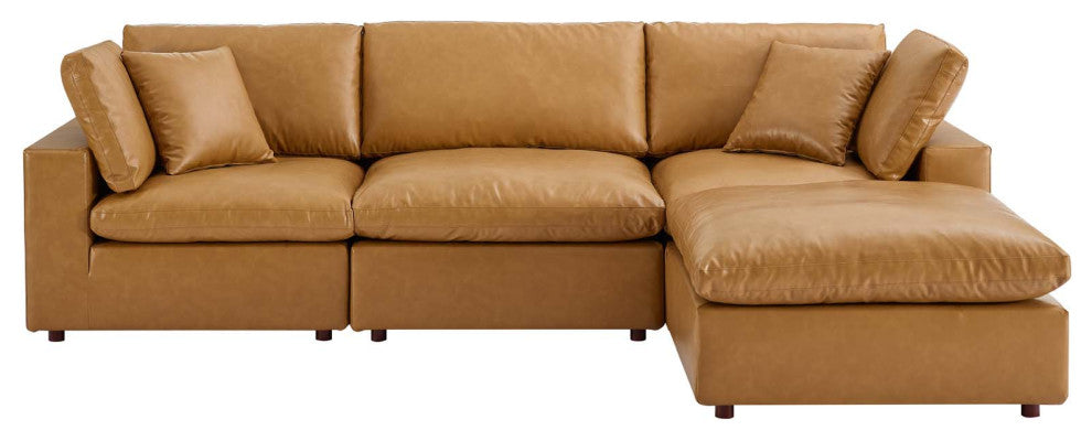 Commix Down Filled Overstuffed Vegan Leather 4-Piece Sectional Sofa - Tan