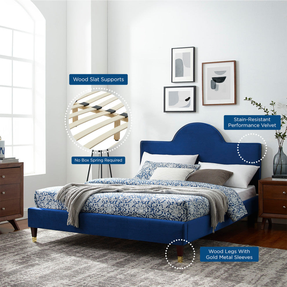Platform Bed Frame, King Size, Blue Navy, Velvet, Modern, Bedroom Guest Suite