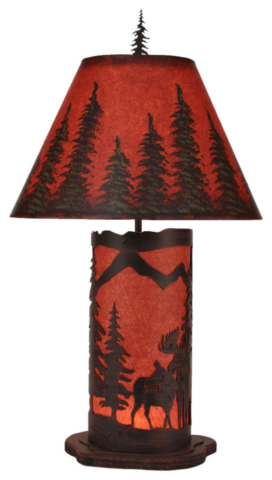 Small Burnt Sienna and Rustic Red Moose Scene Table Lamp With Nightlight