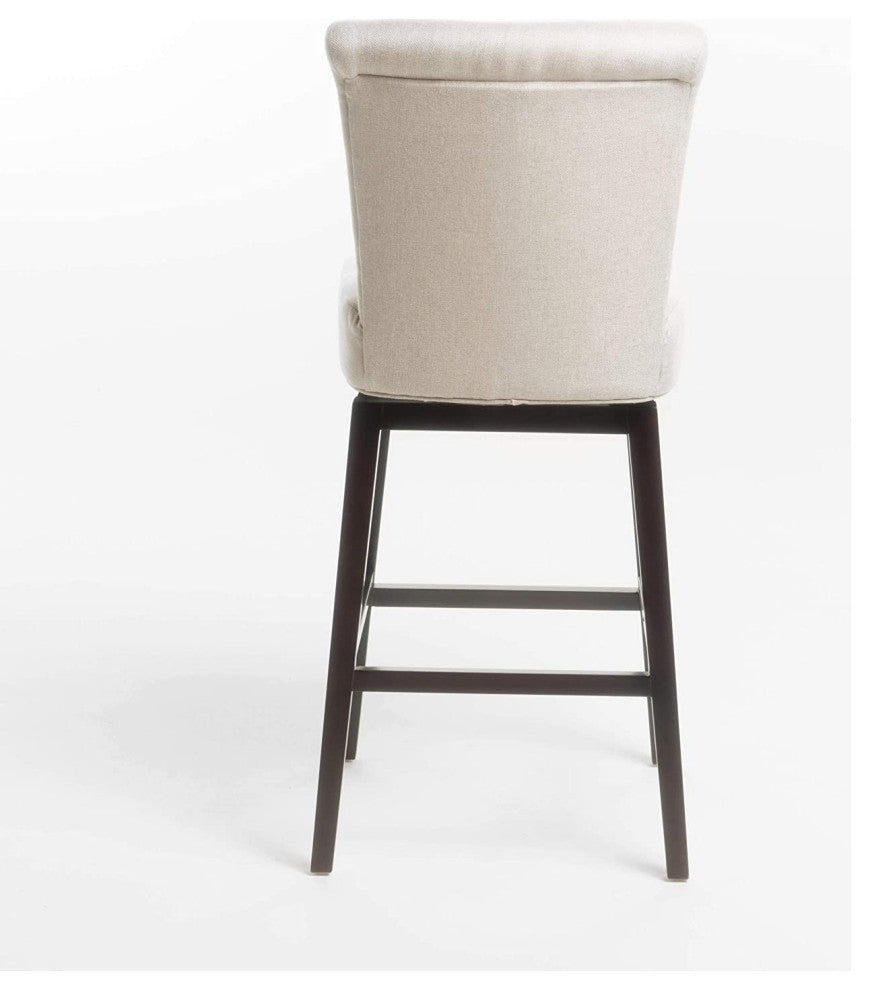 Contemporary Swivel Bar Stool, Dark Brown Birch Wood Legs & Wheat Polyester Seat