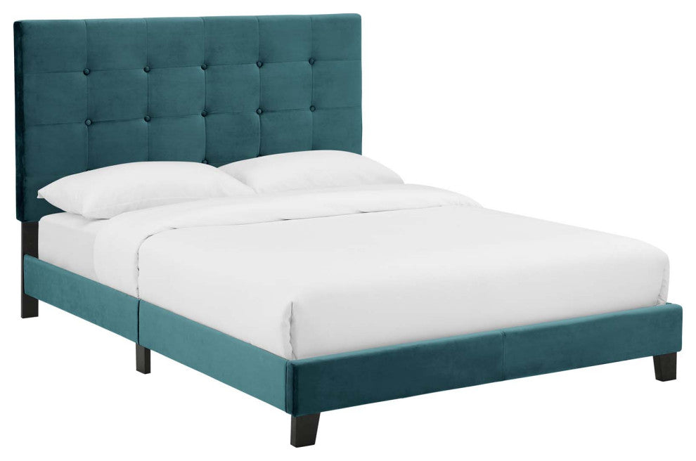 Sea Blue Melanie Queen Tufted Button Upholstered Performance Velvet Platform Bed