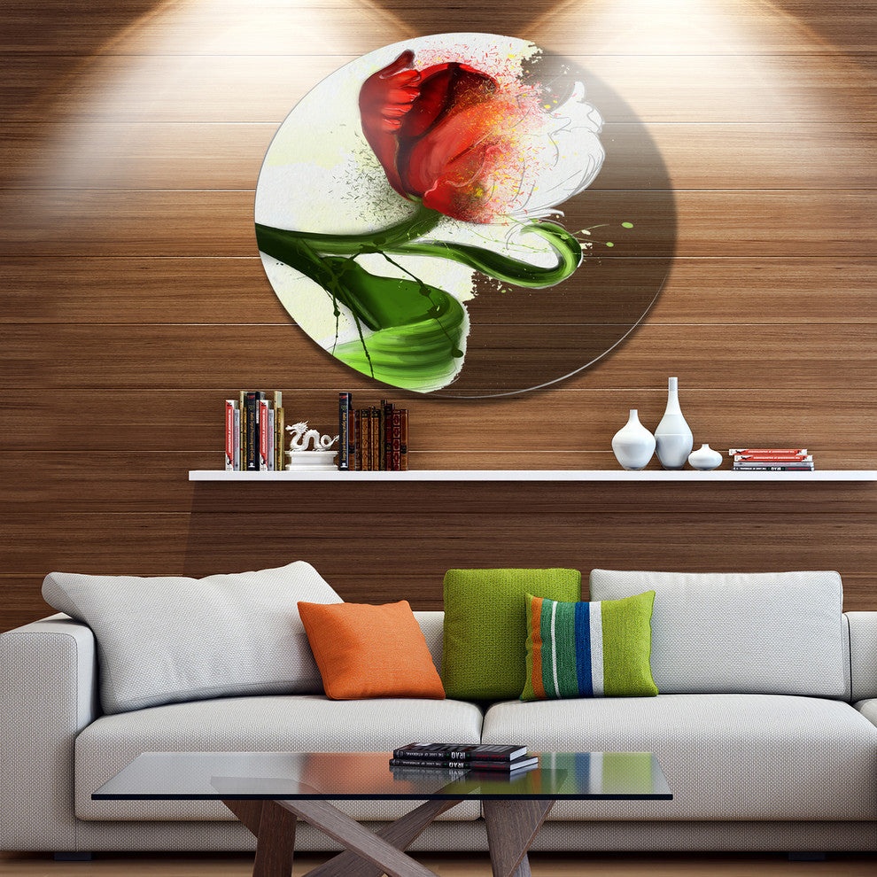 Big Red Flower With Green Leaves, Floral Large Disc Metal Wall Art, 11"