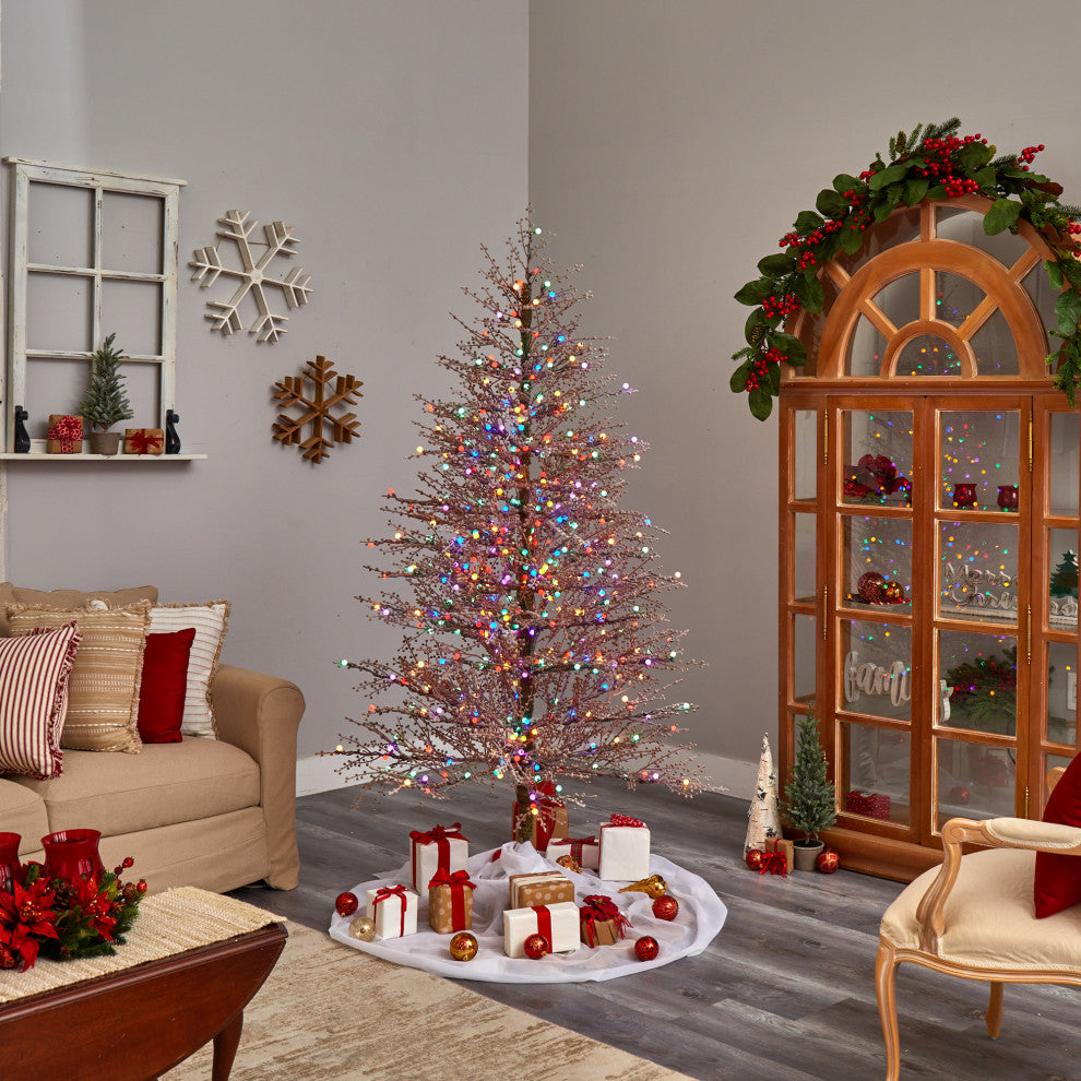 7' Frosted Berry Twig Artificial Christmas Tree With 450 Multicolored LED Lights