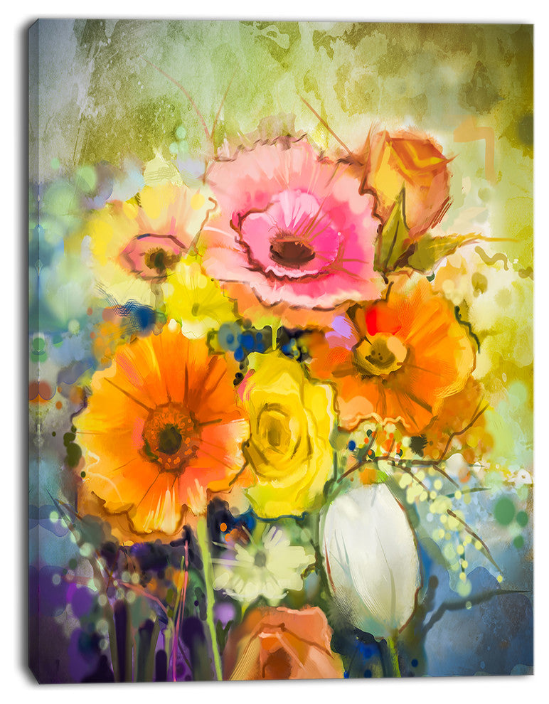 White Gerbera Red Rose and Tulips, Floral Canvas Art Print, 28"x60"