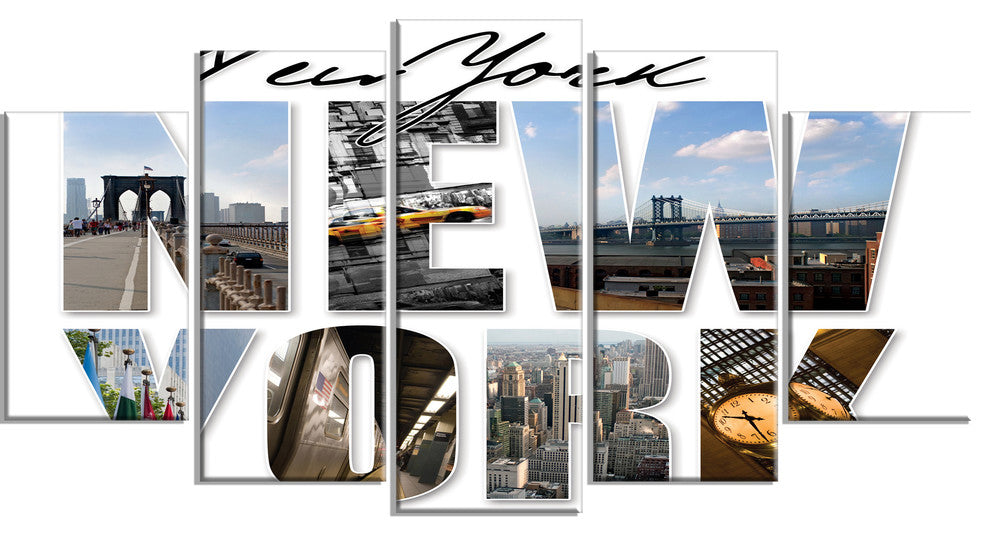 New York City Graphic Montage, Cityscape Canvas Art Print, 60"x32", 5 Panels