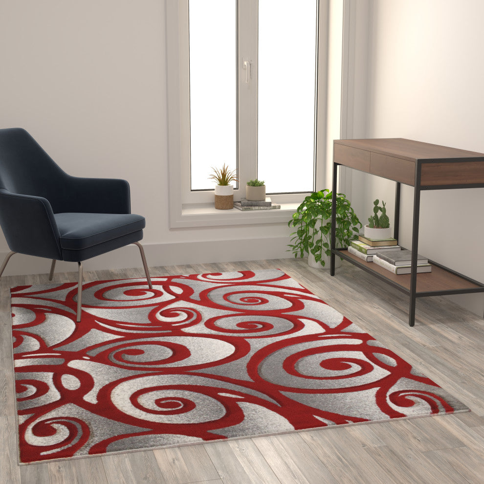 Angie Collection Modern Rectangle 5' x 7' High-Low Pile Swirled Area Rug, Red