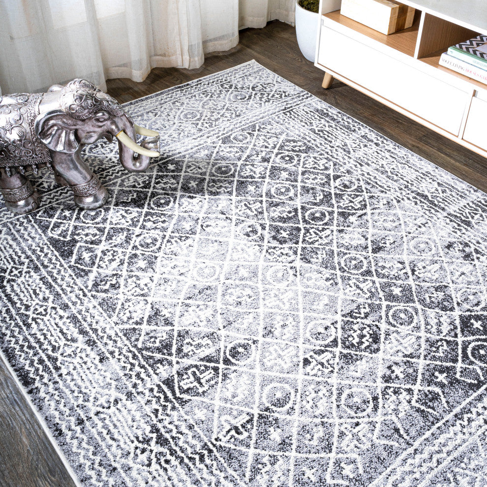 Iften Moroccan Geometric Distressed Ivory/Black 8'x10' Area Rug