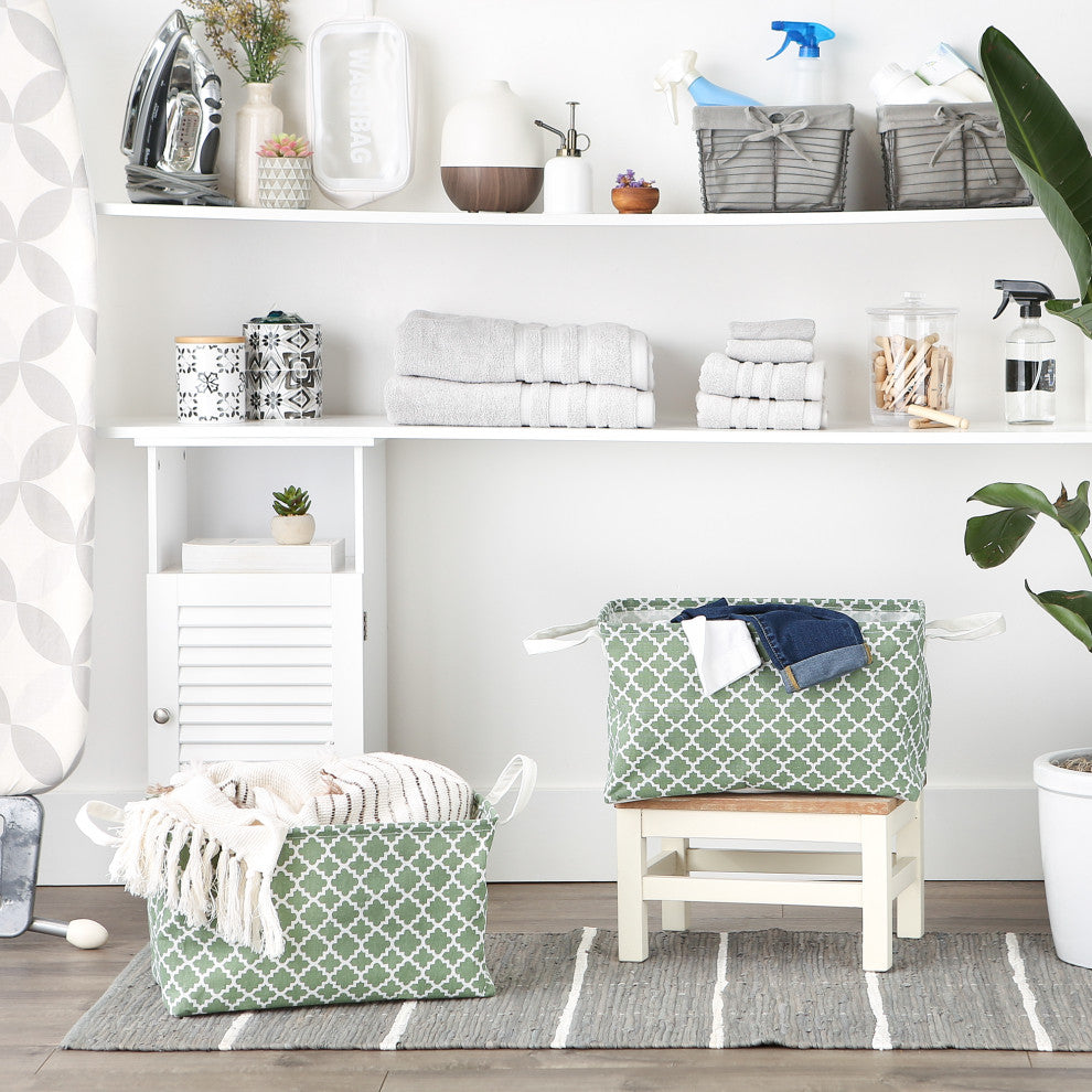 Cotton Polyester Laundry Bin Lattice Artichoke Green Rectangle Large, Set of 2