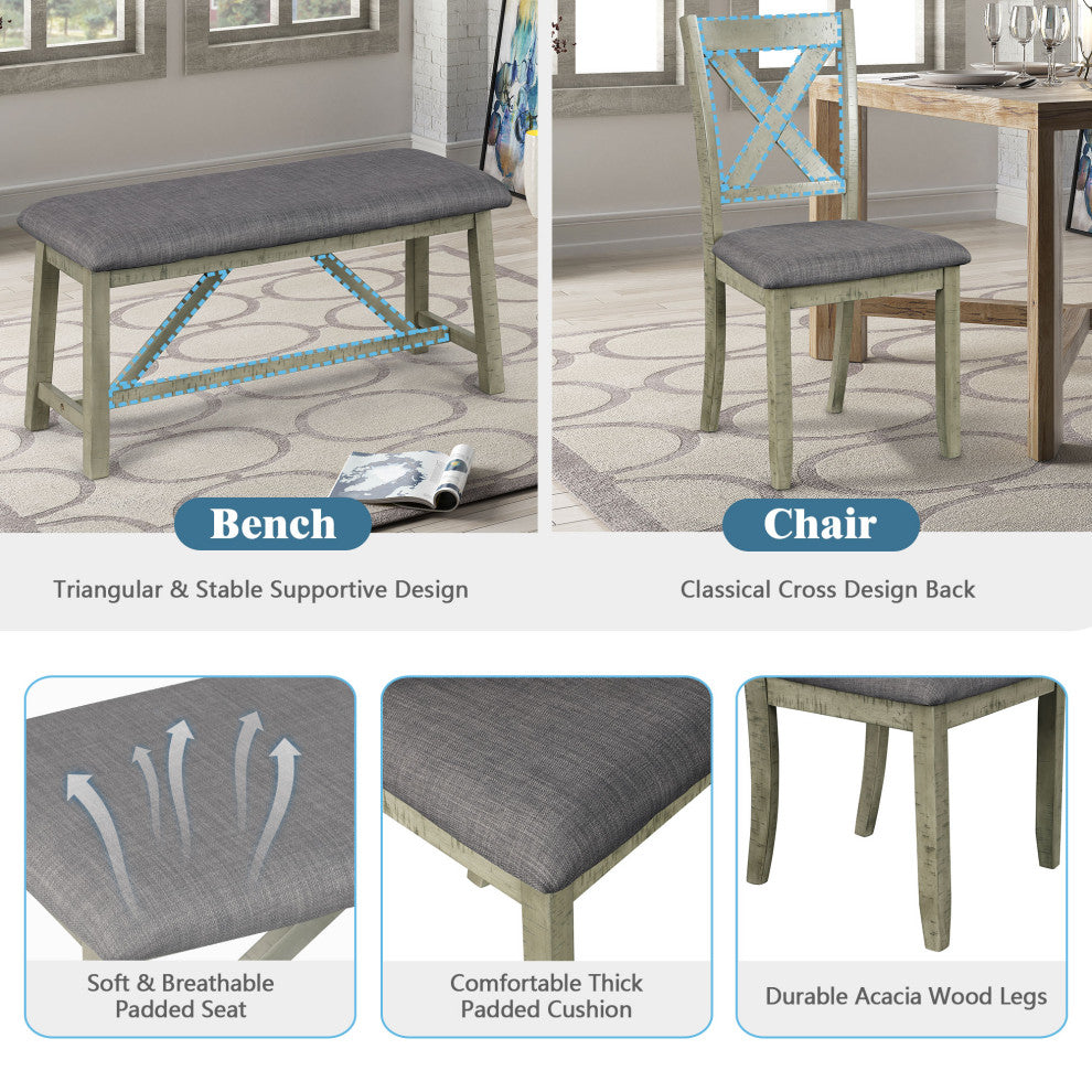 6-Piece Wood Dining Set with Bench and 4 Upholstered Chairs