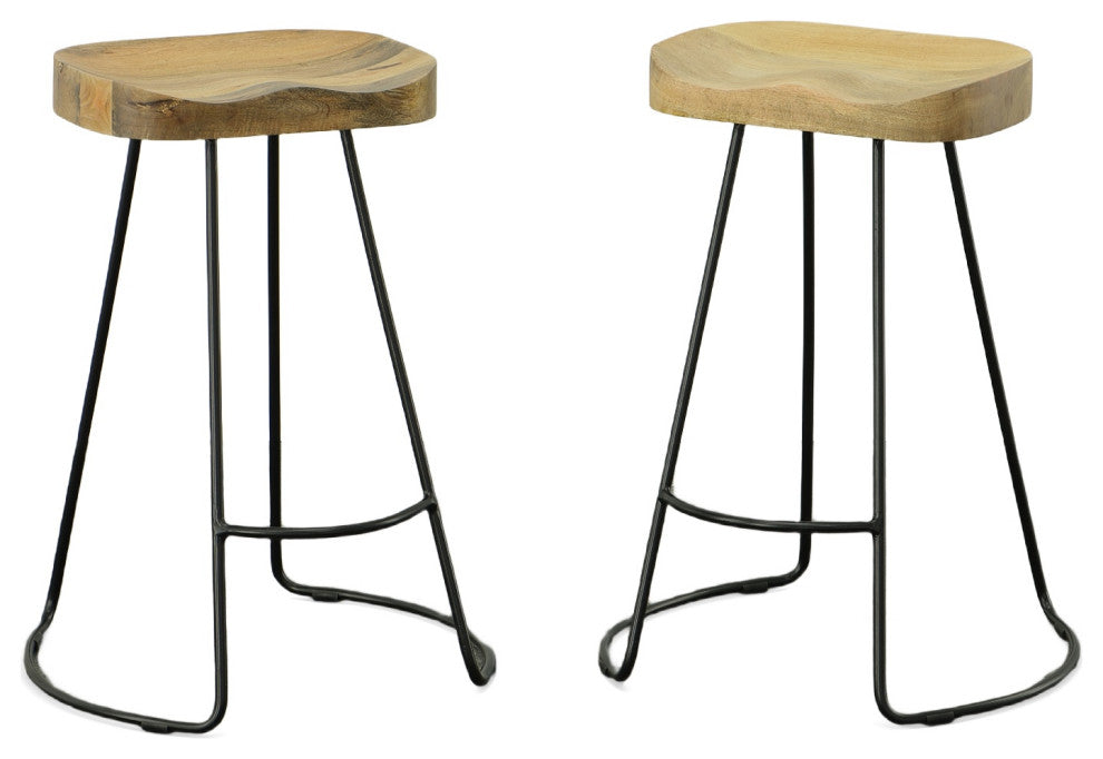 Stationary Solid Mango Wood Seat Tractor Stool, Natural/Black