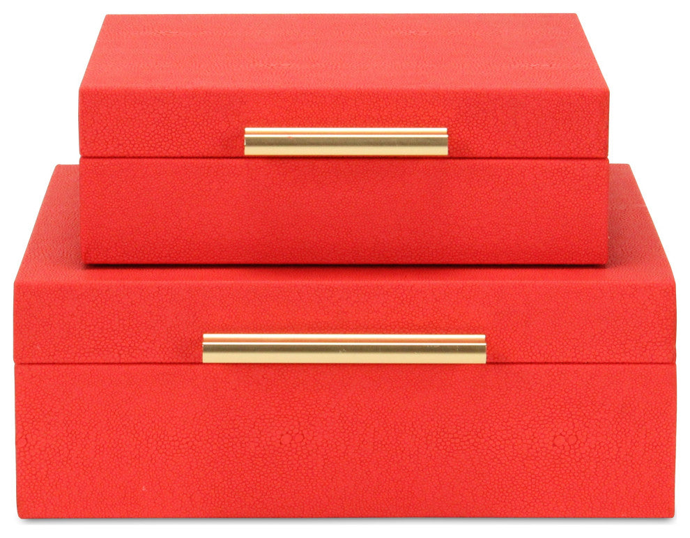 Lusan Square Decorative Box Set, Red Faux Shagreen