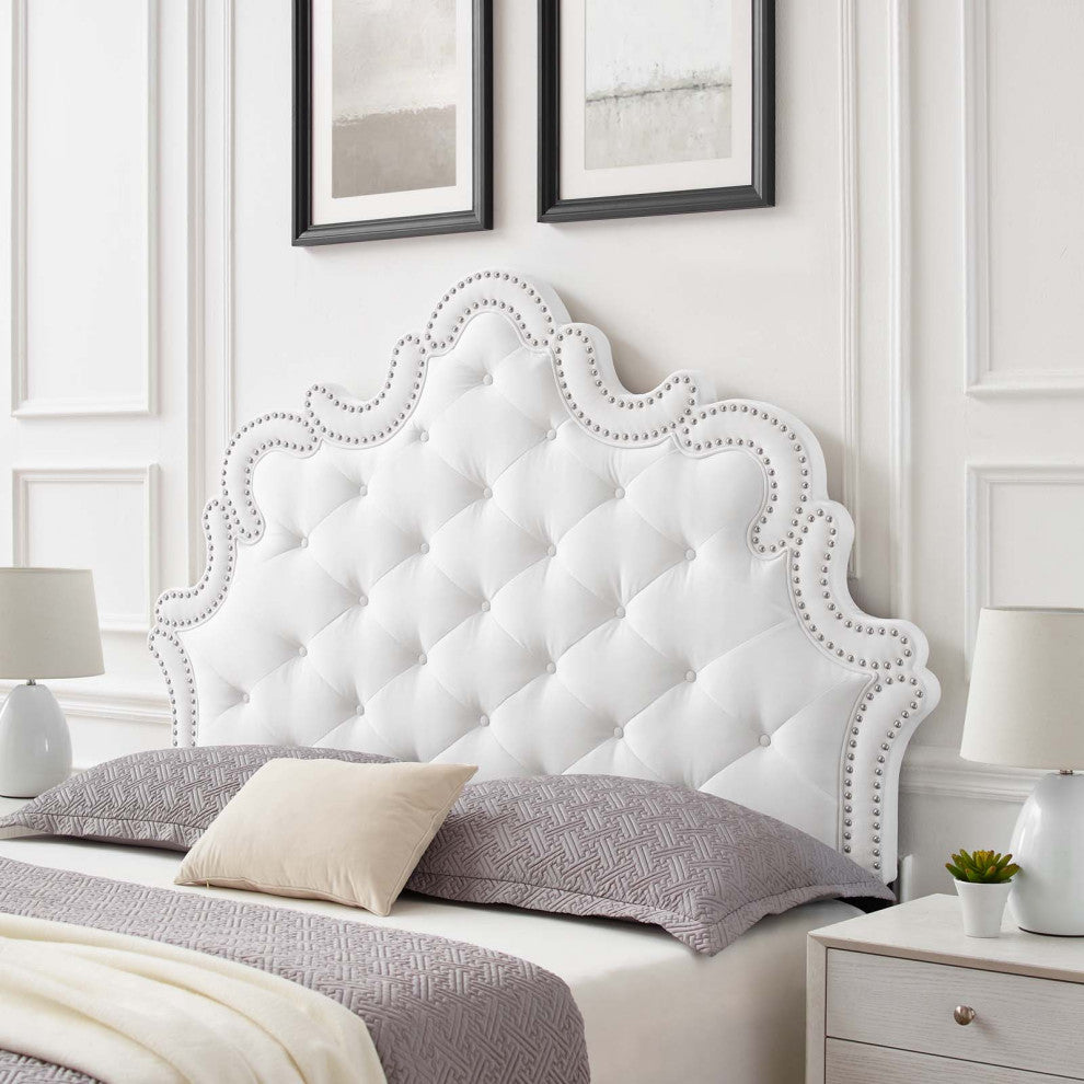 Tufted Headboard, Nailhead, Twin Size, White, Velvet, Modern, Mid Century Guest