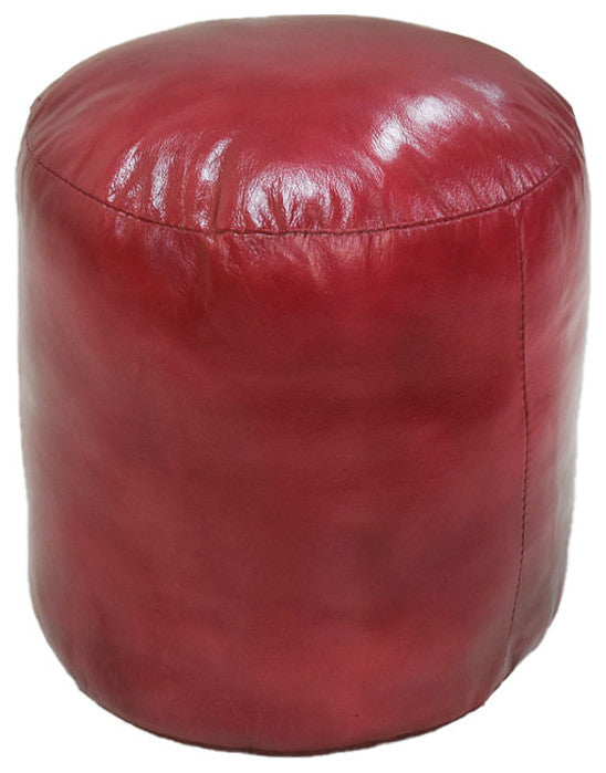 Pouf-Solid Handmade Leather Pouf (Recycled Foam with Fiber Fill), Dark Pink, (Round) 14x14x14