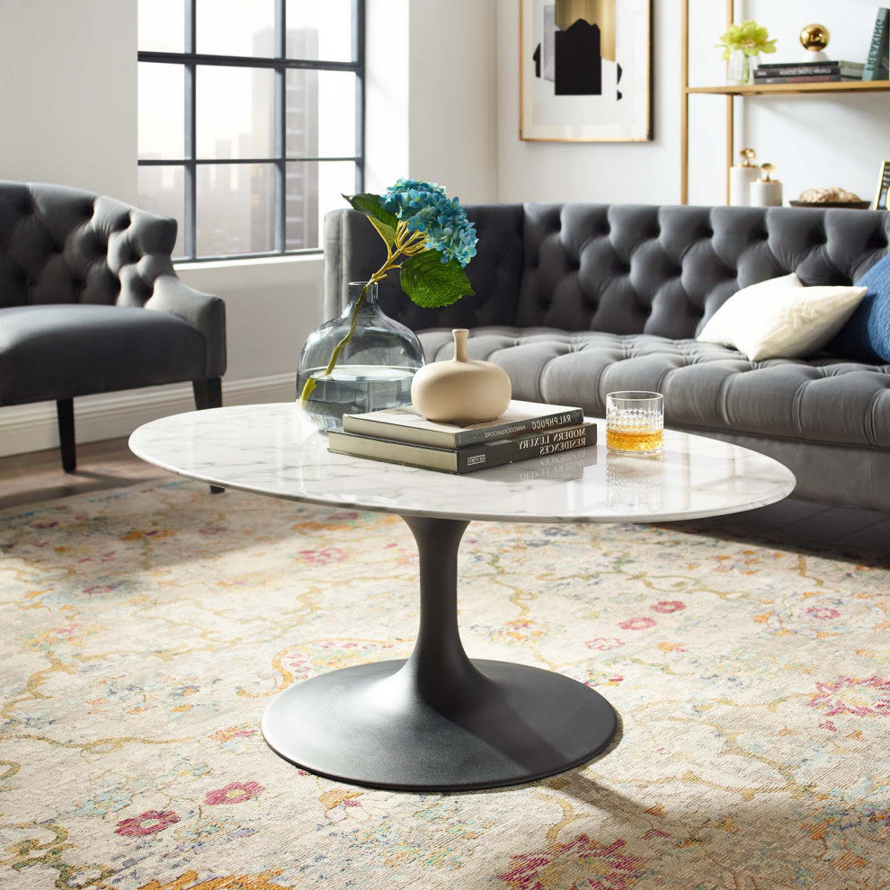 Living Lounge Oval Coffee Table, Artificial Marble Stone Metal, Black White