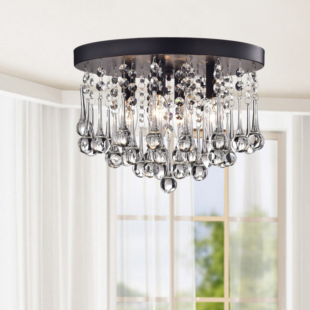 Bella 4-Light Clear Crystal Drops Flush Mount in Black Finish