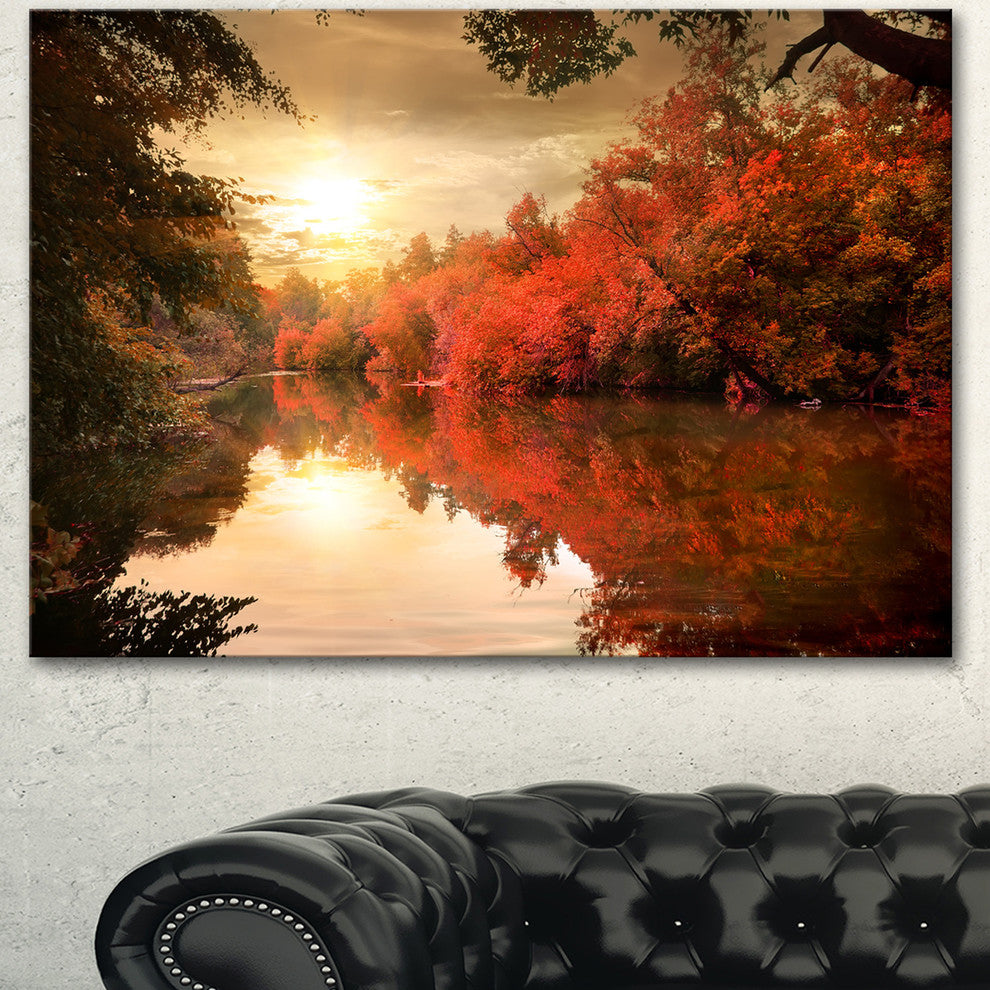Colorful Fall Sunset over River, Landscape Canvas Art Print, 60"x28"