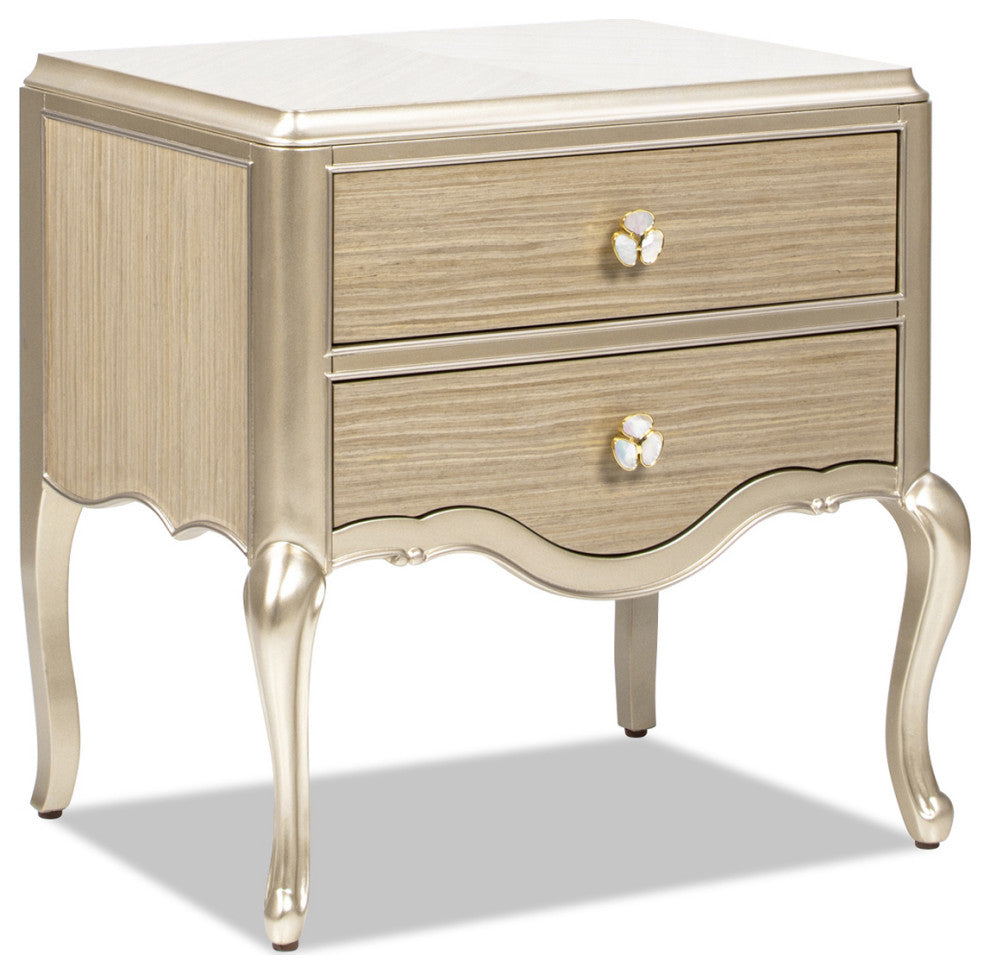 Helena 25" 2-Drawer Gold Accent Solid Wood Storage Side Table, Natural Brown