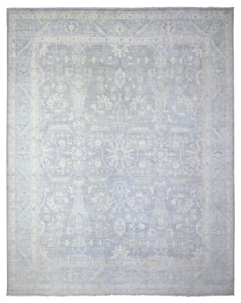 Gray Washed Out Peshawar Wool Hand Knotted Oversized Oriental Rug, 11'9"x14'4"