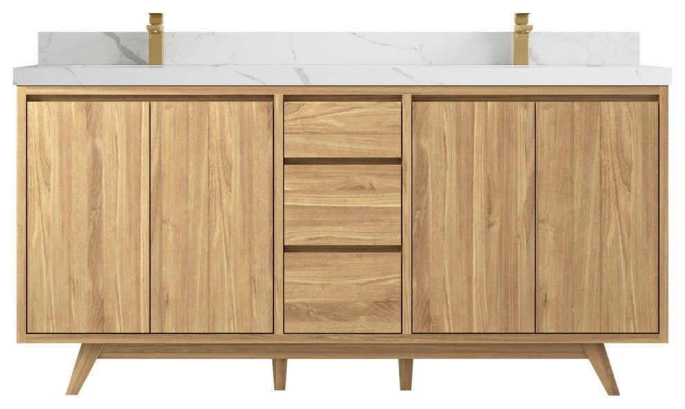 Madison Teak 72 Double Sink Bath Vanity in Light Natural 2" Calacatta Laza