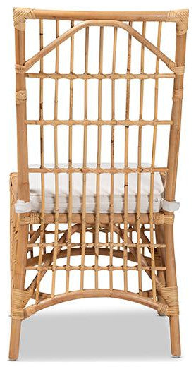Modern Bohemian White Fabric Upholstered & Natural Brown Rattan Dining Chair