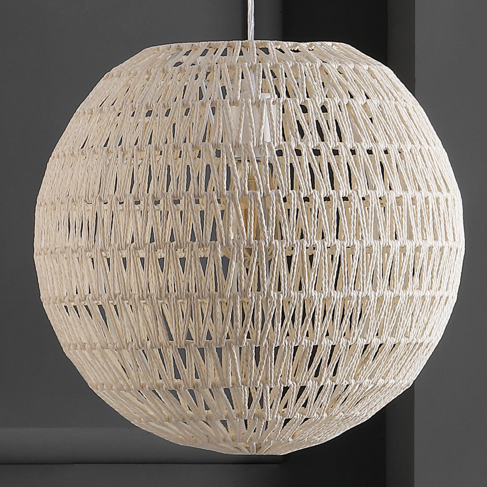 Luna 15.75" 1-Light Bohemian Modern Woven Rattan/Iron LED Pendant, Cream/White