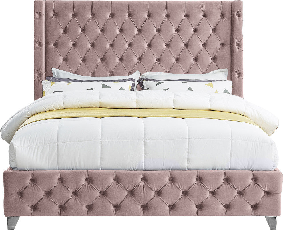 Savan Velvet Upholstered Bed, Pink, Queen