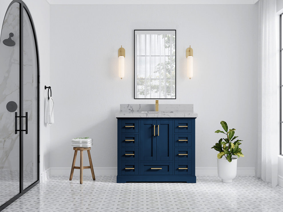 Boston 42 Single Sink Bath Vanity in Navy Blue 2" Venatino Quartz