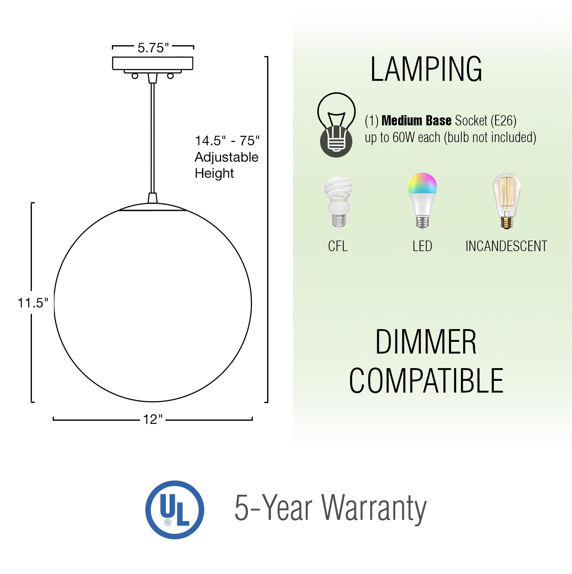 Kira Home Ceres 12" Hanging Orb Pendant Light, Smooth Frosted Diffuser