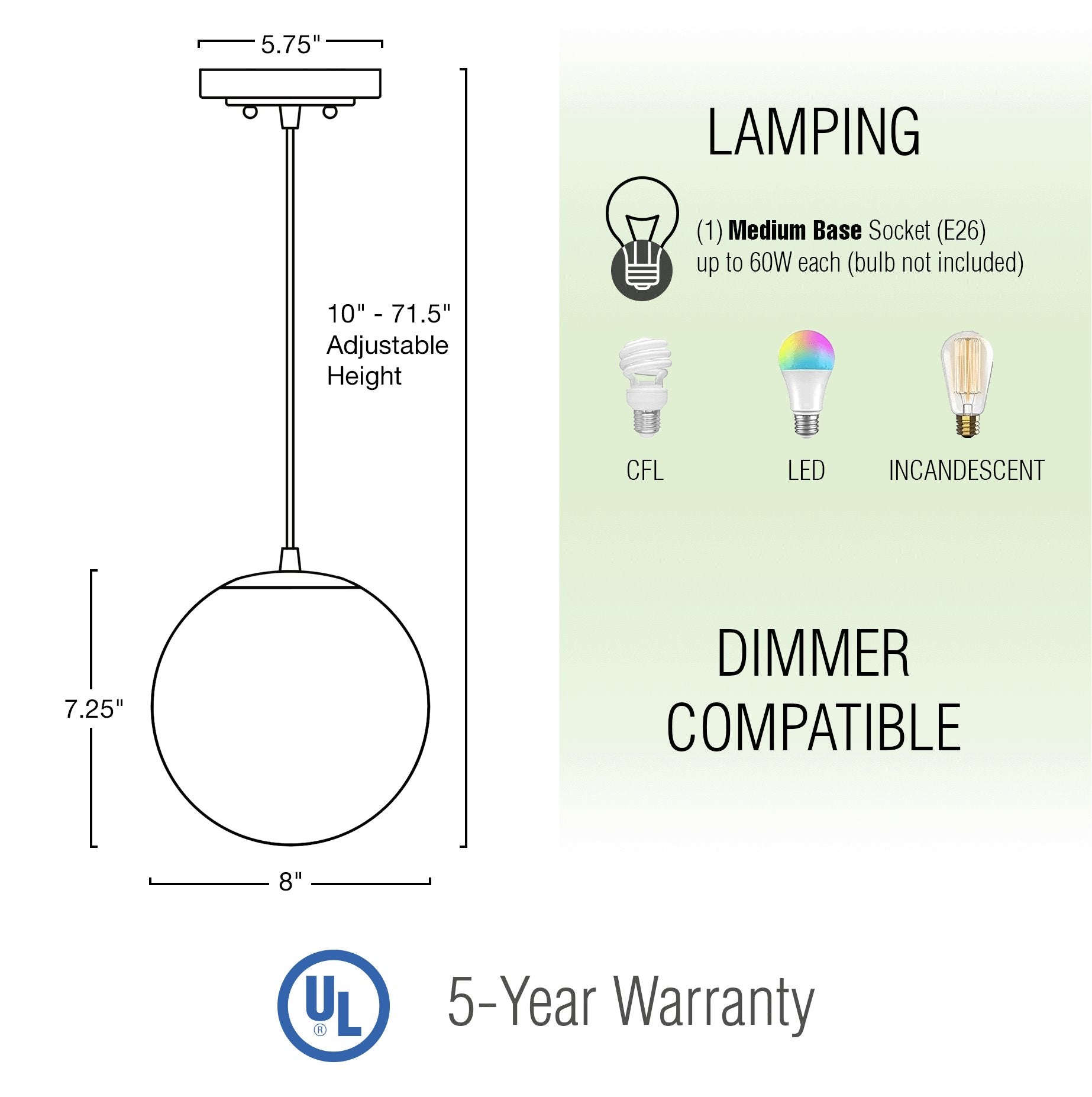 Kira Home Ceres 8" Hanging Orb Pendant Light, Smooth Frosted Diffuser