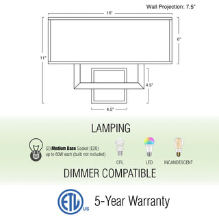 Kira Home Haven 16" Wall Sconce/Wall Light, Rectangular Black Fabric Shade