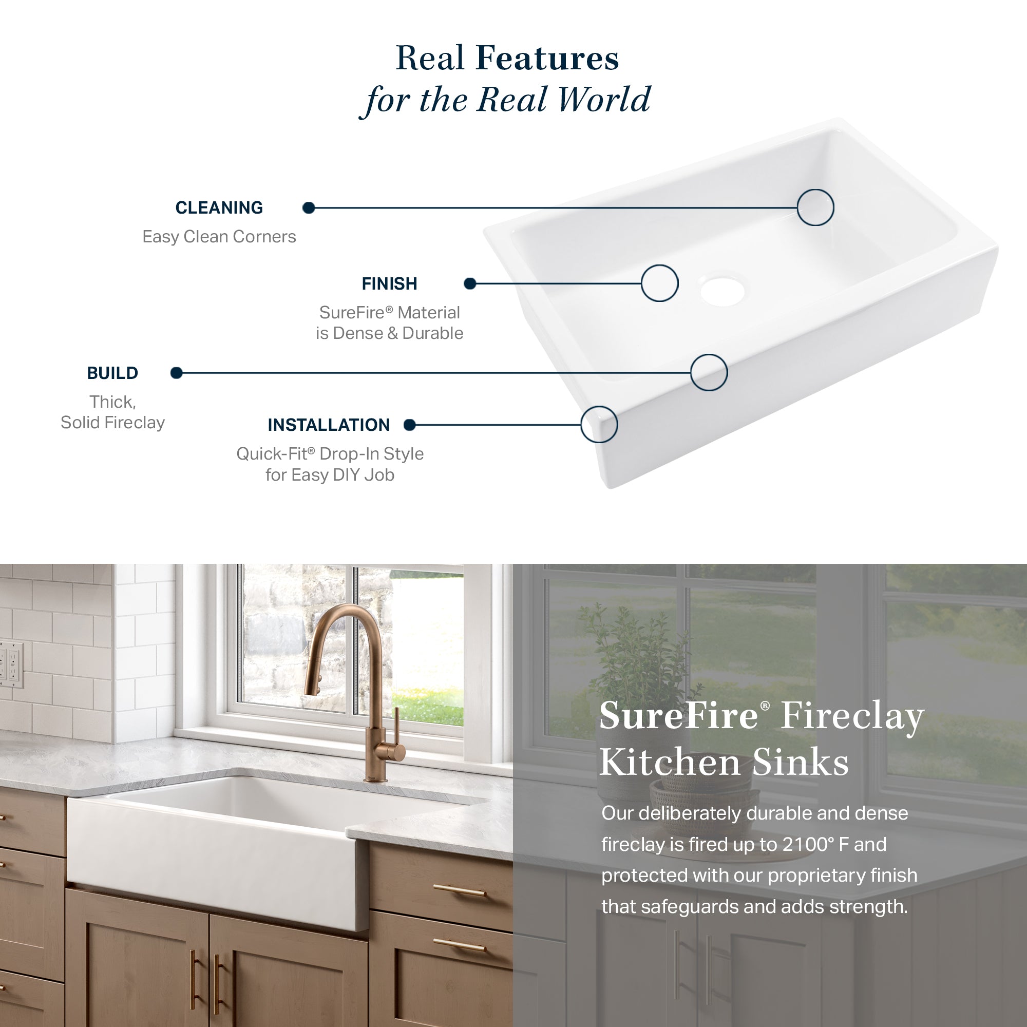 Grace Fireclay 34" Single Bowl Quick-Fit Undermount Traditional Kitchen Sink