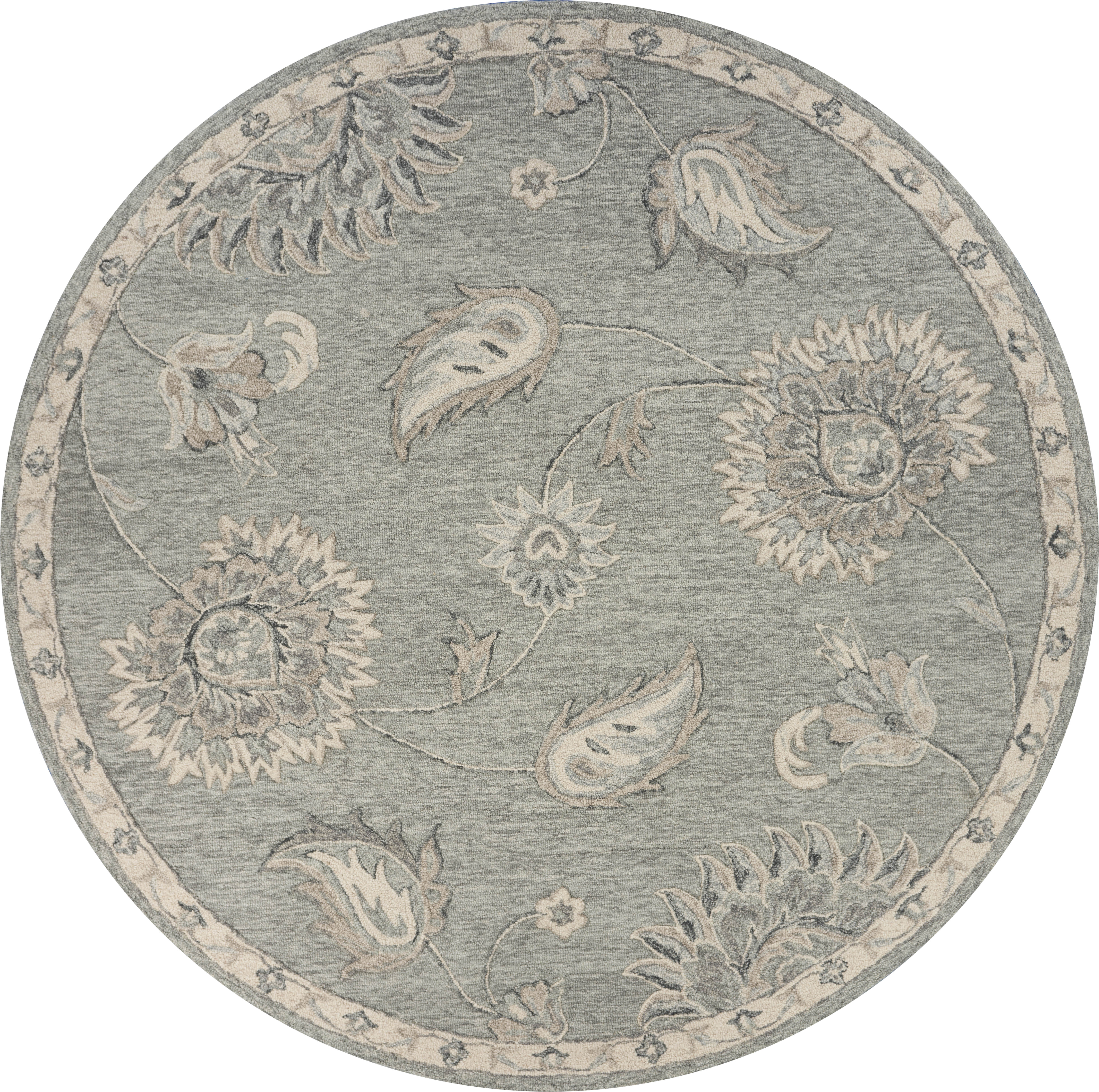 Light Gray Traditional Botanical Area Rug, 7'3" Round