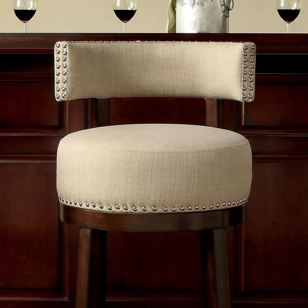 Set of 2 Fabric and Solid Wood 24" Bar Stool, Dark Oak, Beige