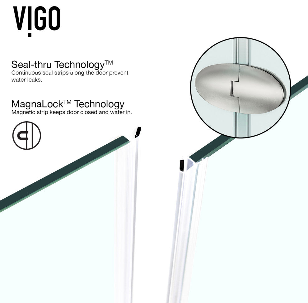VIGO Gemini Frameless Hinged Neo-Angle Shower Enclosure, Brushed Nickel, 48" D X 47" W, High Base