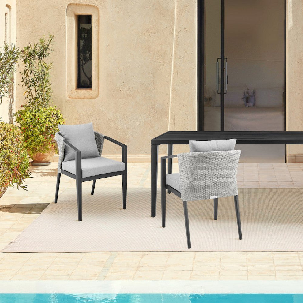 Outdoor Patio Dining Chairs in Aluminum and Wicker with Gray Cushions - Set of 2