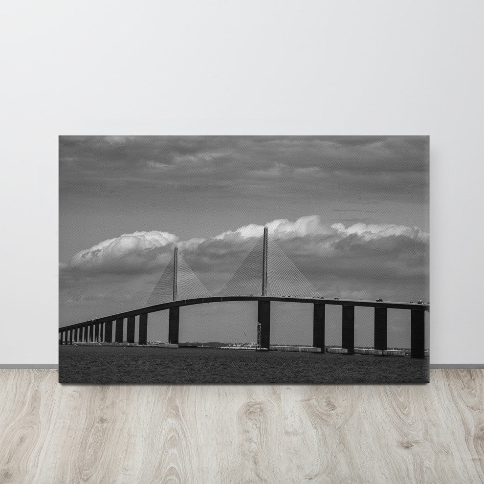 Skyway Bridge Black & White Landscape Photo Canvas Wall Art Print, 24" X 36"