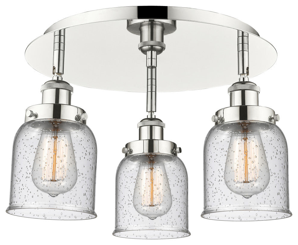 Bell-3 Light 17" Flush Mount-Polished Nickel, Seedy Glass Shade
