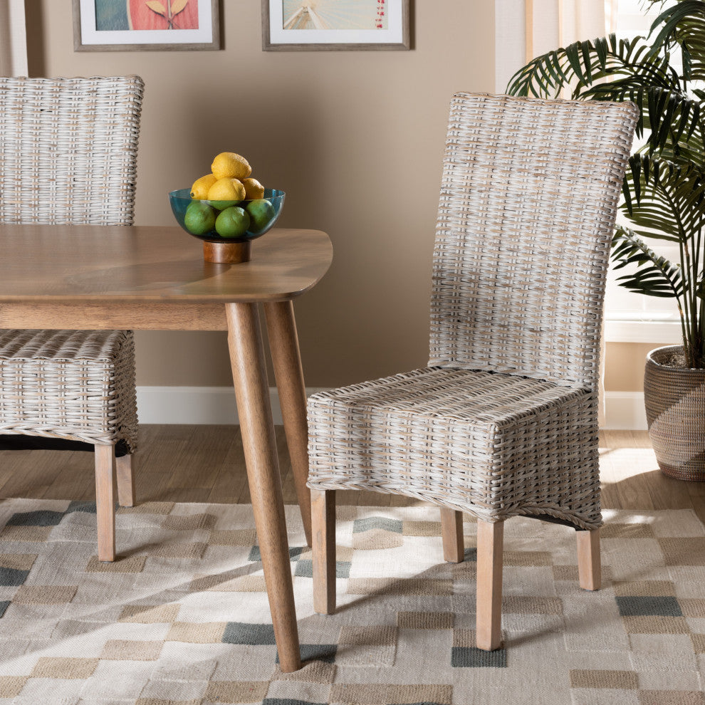 Janel Transitional Dining Chair, Whitewashed Rattan