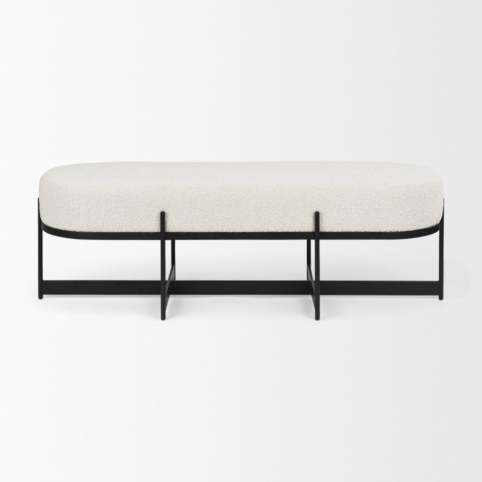 Amelia Cream Boucle Fabric Seat w/ Black Metal Base Upholstered Bench