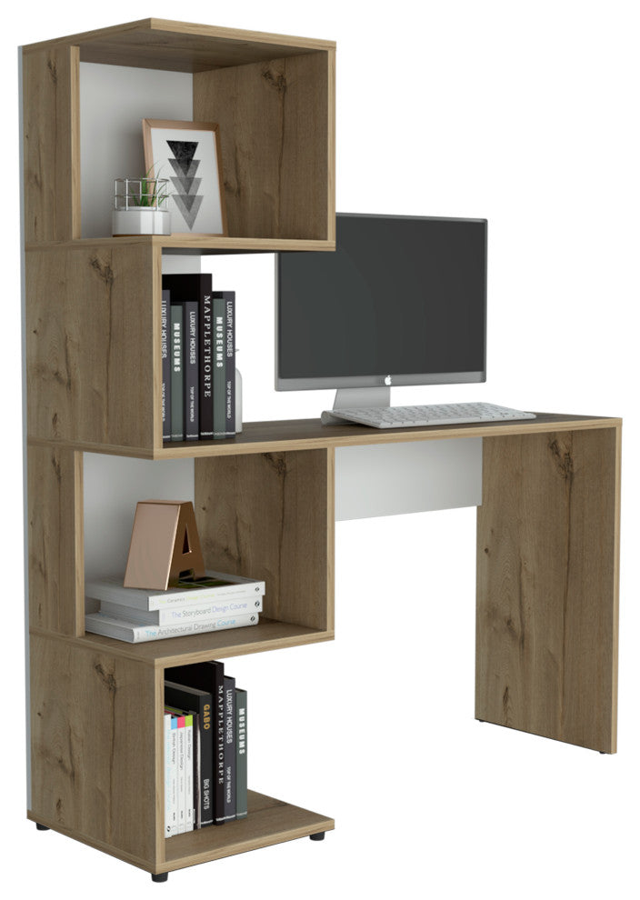 Delhi Desk with Bookcase and 4 Storage Shelves, Light Oak/White