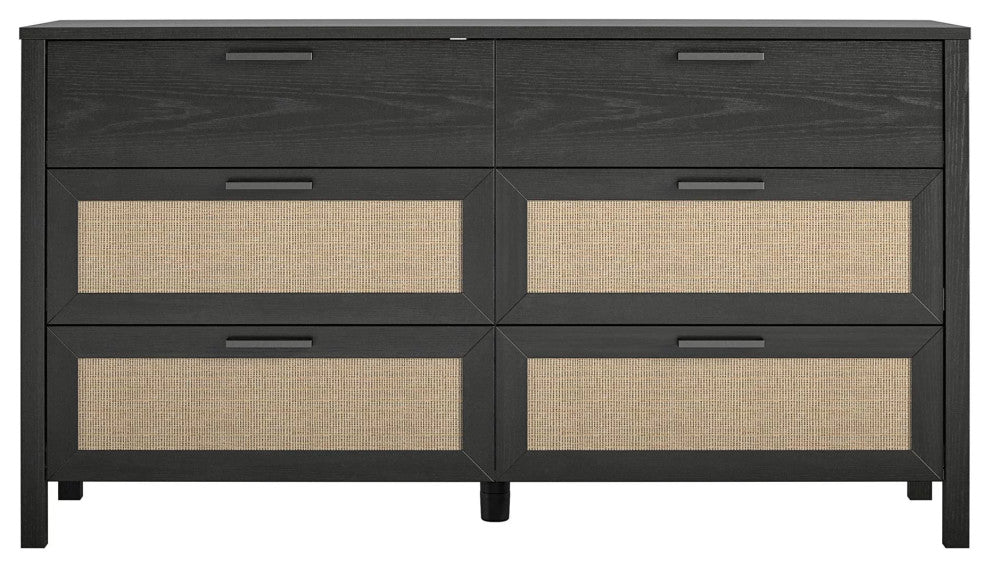 Transitional Dresser, 4 Rattan Front Drawers & 2 Wooden Front Drawers, Black Oak